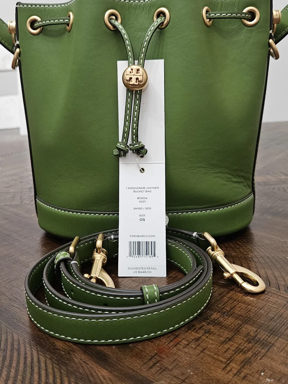 Tory Burch Green Leather Drawstring Bucket Bag